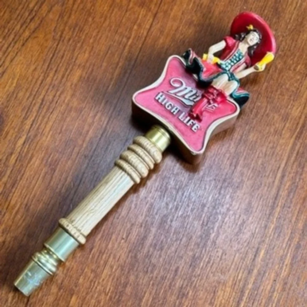 Miller High Life Girl in the Moon Beer Tap Handle Vintage Oak Wood Brass 12